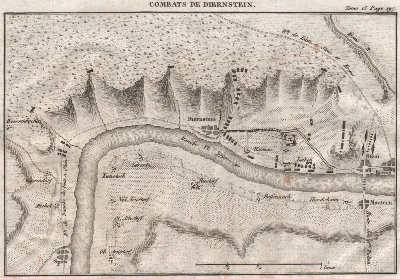 Battle of Dürenstein 1805. War of the Third Coalition. Austria 1819 old map